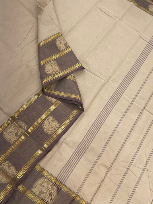 Kanchi soft cotton |mayil butta x Zari rettaipet border | cream