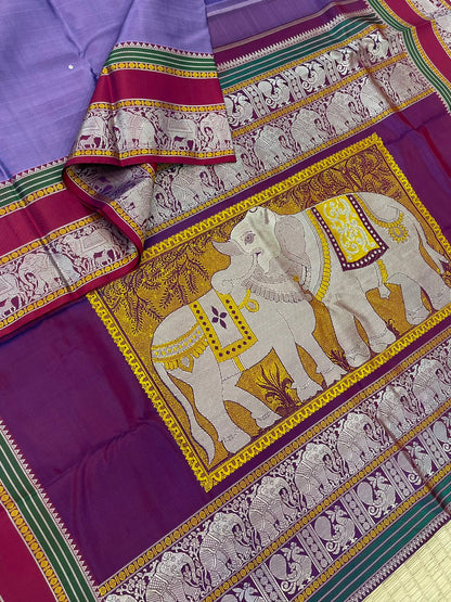 Pure Kanjivarams | zero zari | Rishaba kunjaram| lavender X marron  | Handwoven luxury x 4 ply master weave | NKV35