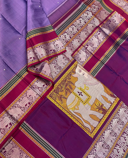 Pure Kanjivarams | zero zari | Rishaba kunjaram| lavender X marron  | Handwoven luxury x 4 ply master weave | NKV35
