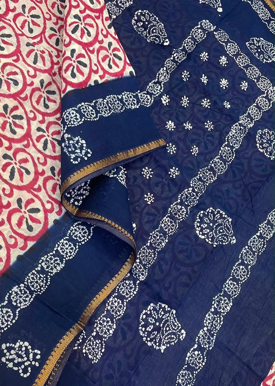 Madurai Sungudi soft cotton | red x blue | tiny  Zari border