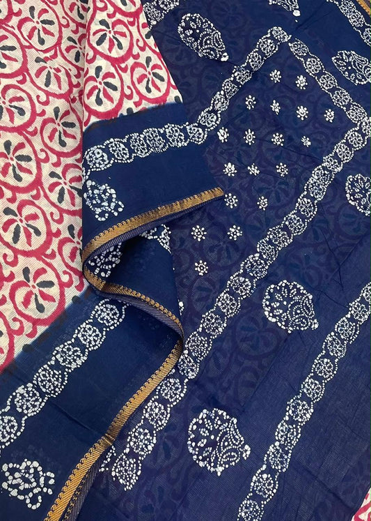 Madurai Sungudi soft cotton | red x blue | tiny  Zari border