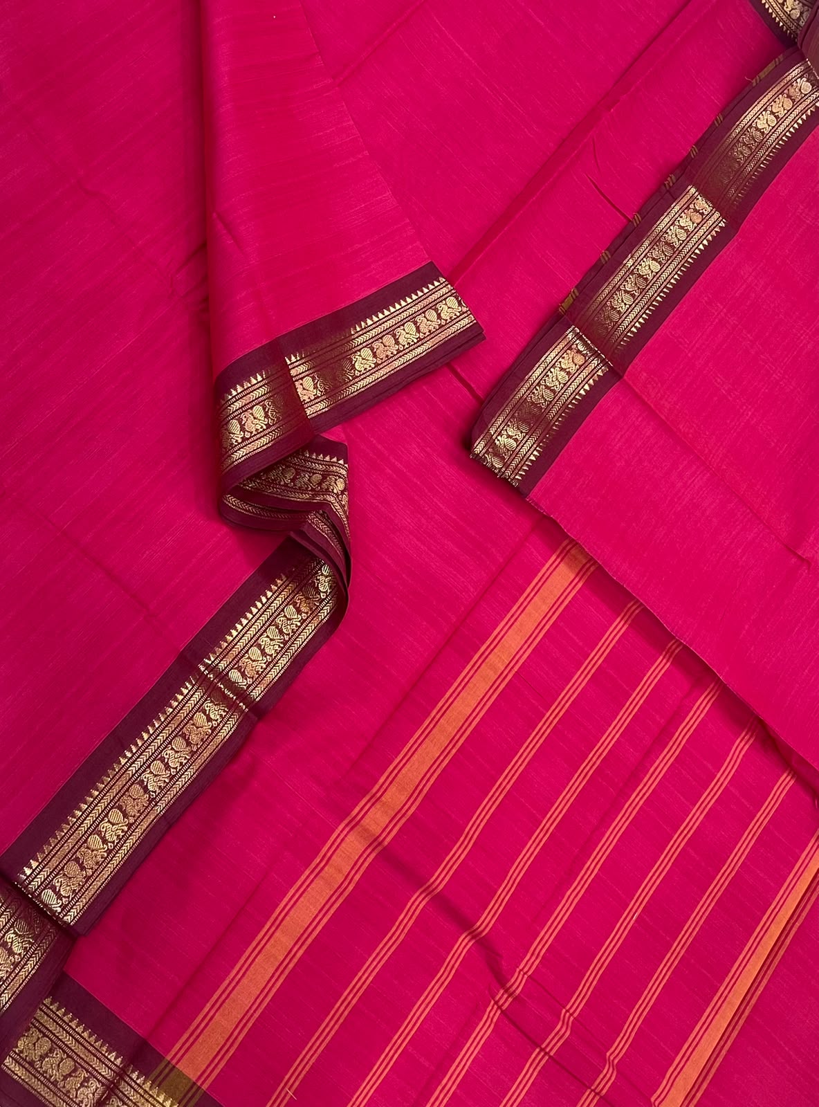 Kanchi soft cotton | Zari tiny border | hot pink X marron