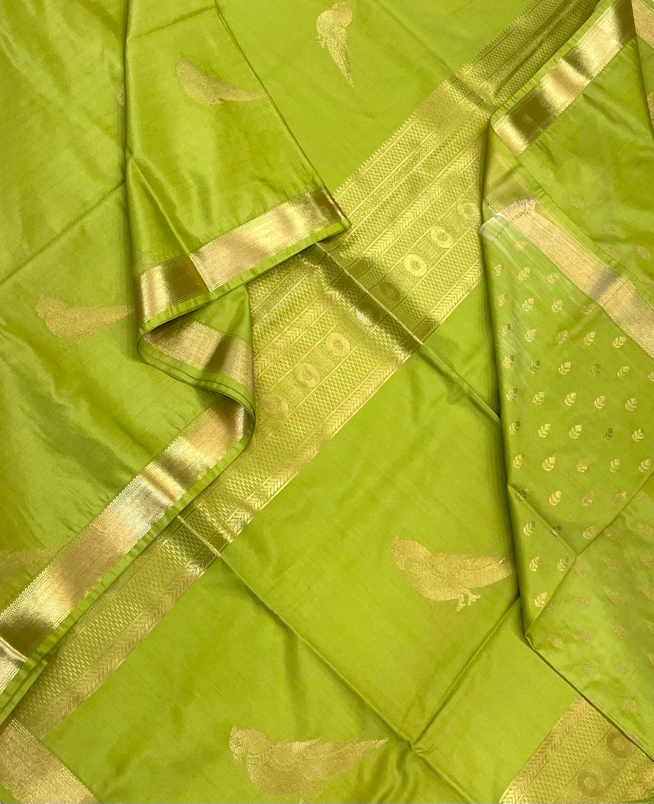Vegan Silk Sarees Online | parrot green X gold | killi motif