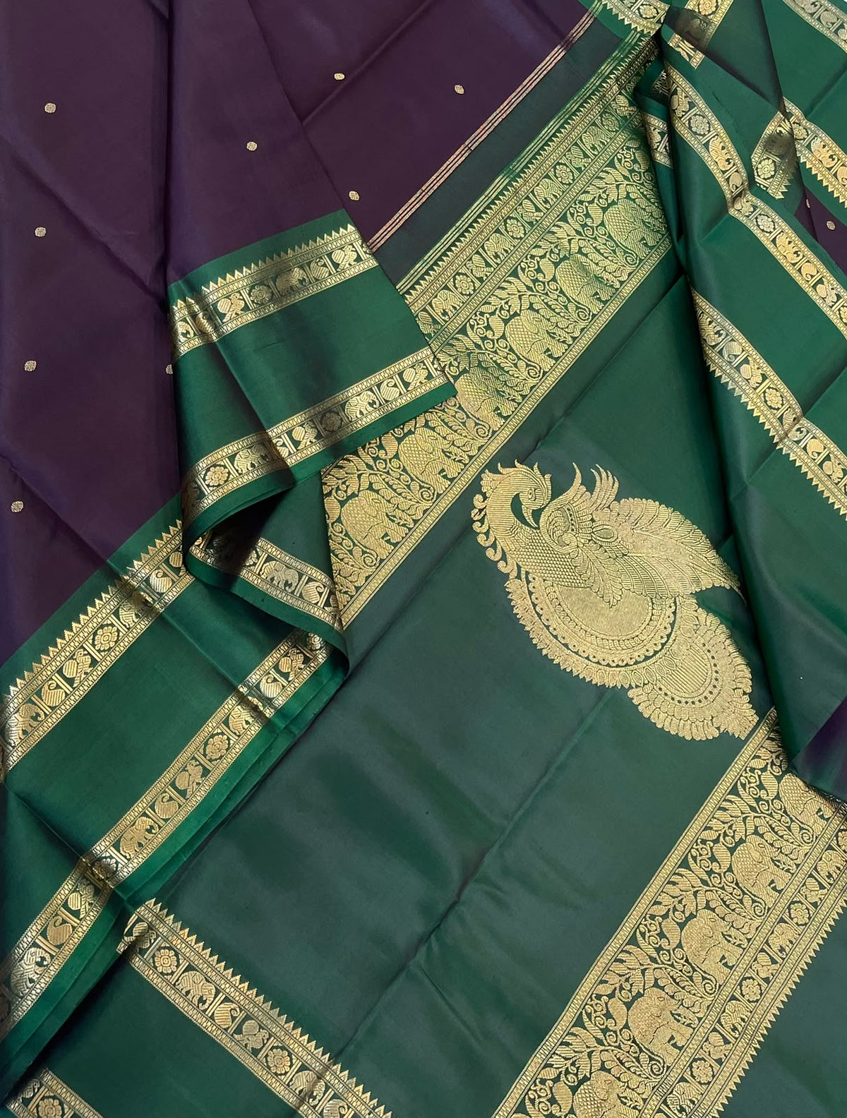 Kanchipuram Silk Saree Online | thogai mayil pallu x coffee brown x green | Handwoven luxury x 4 ply | NKV45