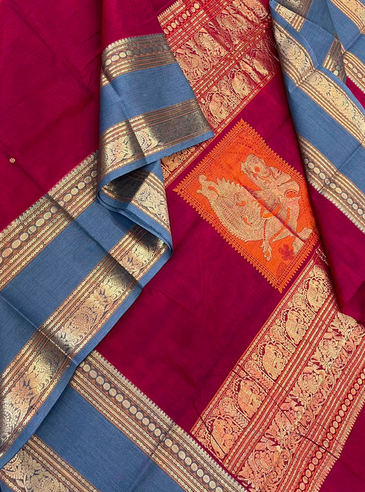 Pure Handloom Kanchi rich Cotton Saree | red x blue | rettaipet zari border X rich handwoven kalaimagal zari pallu