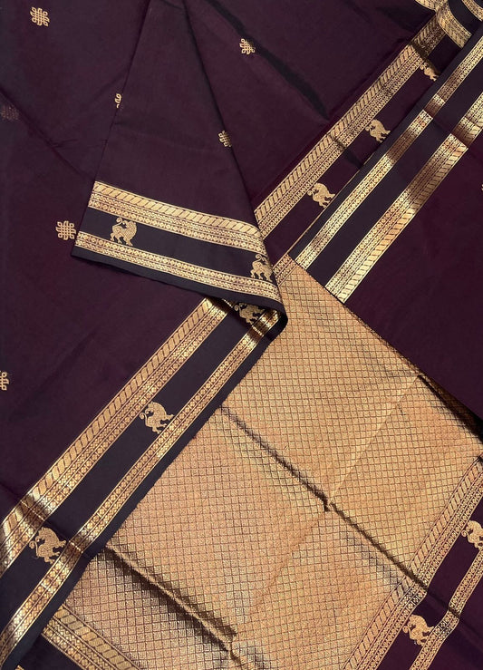 Kanchi Silk Cotton Sarees | kolam X yhazli small zari border | dark brown X gold