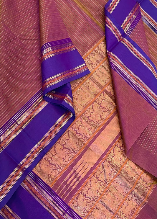 Kanchi Silk Cotton Sarees | luxury silk cotton |oosi vanam x rettaipet border | two tone peach x violet