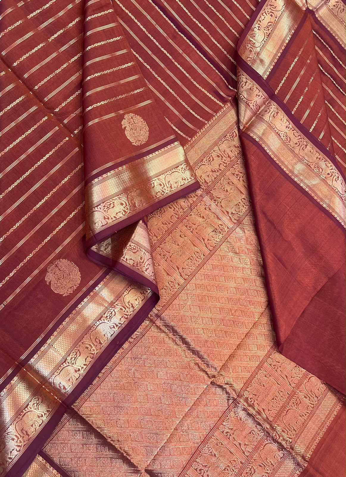 Kanchi Silk Cotton Sarees | luxury silk cotton | veldhari x pichwai x small border | pastel brown 🟤