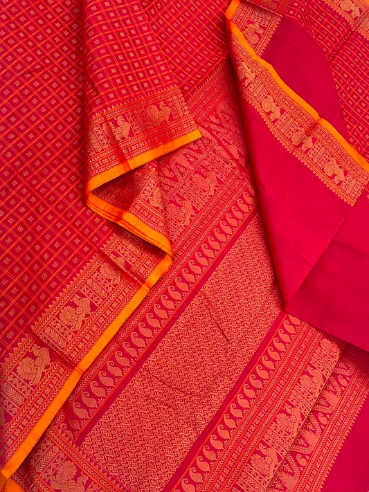 Pure Handloom Kanchi rich Cotton Saree | red x manjal | 1000 star butta  x thread border