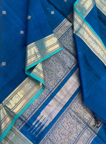 Kanchi Silk Cotton Sarees | zari tiny kolam motif X rich zari  pallu X zari  border | blue x skyblue