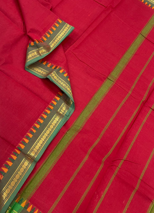 Kanchi soft cotton |tiny temple  x Zari tiny border | red x green