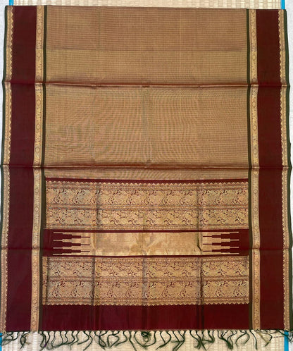 Kanchi tissue Silk Cotton Sarees | rettaipet zari woven border  x tissue body   | gold X maanthulir marron