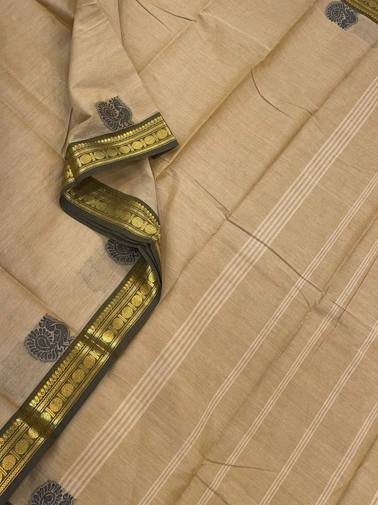 Kanchi soft cotton |mayil thread butta x tiny zari border |  beige x brown