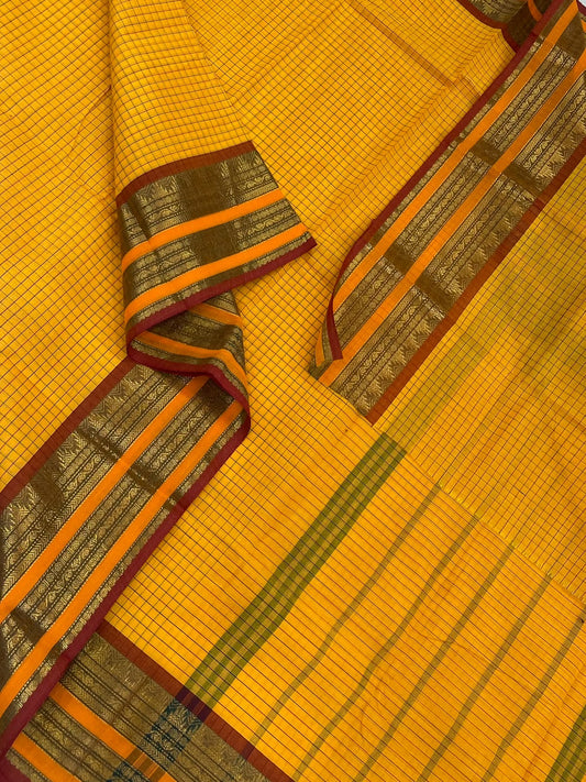 Kanchi soft cotton | kattam Zari  border | manjal x brown