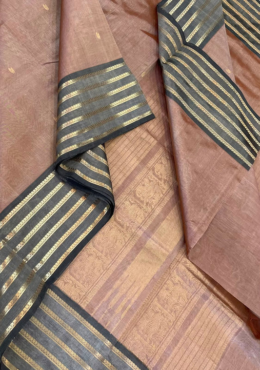 Kanchi Silk Cotton Sarees | tiny motif x salangai border | pastel biscuit  X grey