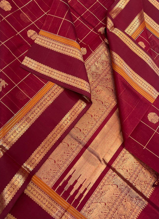 Kanchi Silk Cotton Sarees | zari kattam x rettaipet border x 3 motif | marron X gold