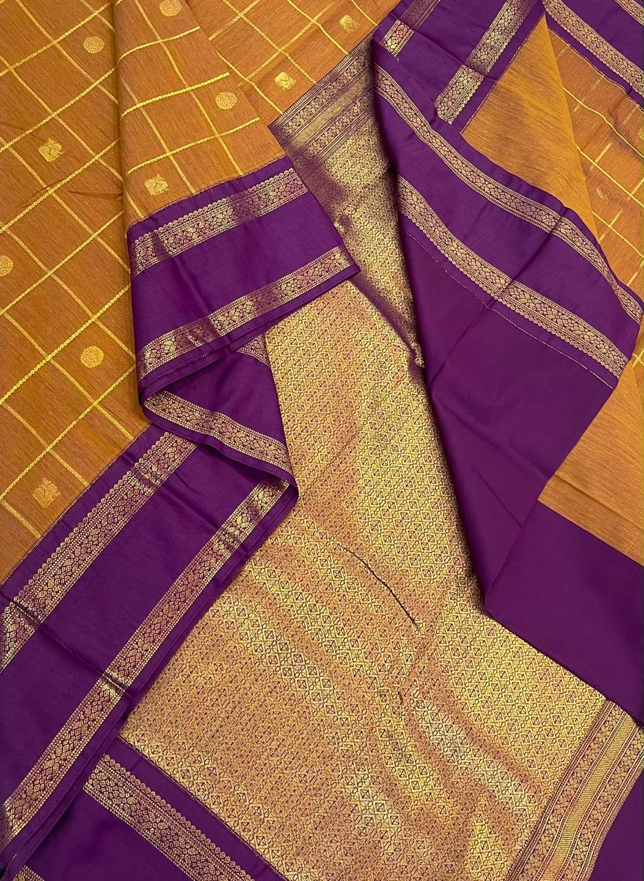 Semi Silk soft Cotton Sarees | korvai Rettaipet border X mayil chakram kattam | mustard x dark violet | NKV11