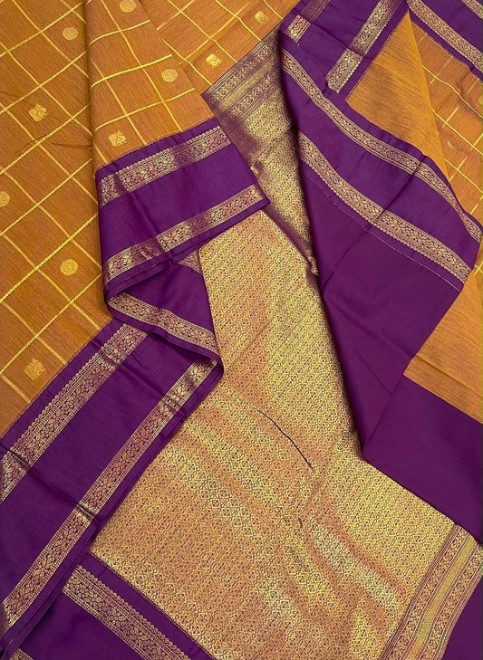 Semi Silk soft Cotton Sarees | korvai Rettaipet border X mayil chakram kattam | mustard x dark violet | NKV11