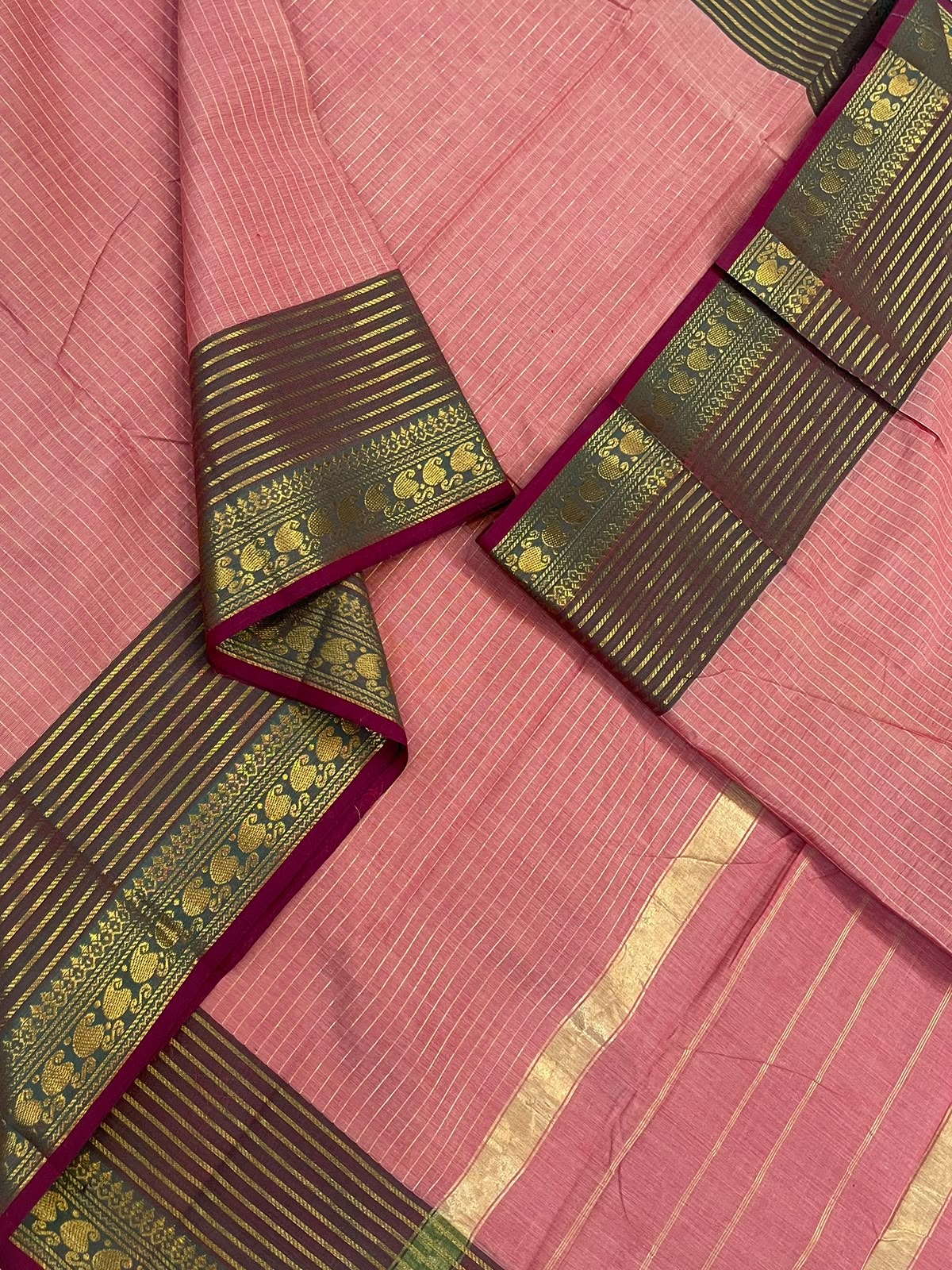 Kanchi soft cotton | peach 🍉 x dual green x marron |  Zari border x oosivanam