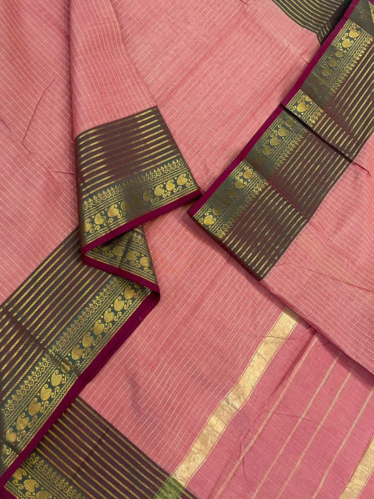 Kanchi soft cotton | peach 🍉 x dual green x marron |  Zari border x oosivanam