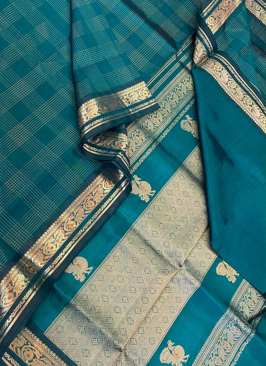 Kanchi Silk Cotton Sarees | luxury silk cotton | 2x 2 kattam x meena small border | peacock green X gold
