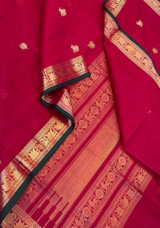 Kanchi Silk Cotton Sarees | luxury silk cotton | lotus x gomatha motif | tiny border | red x green