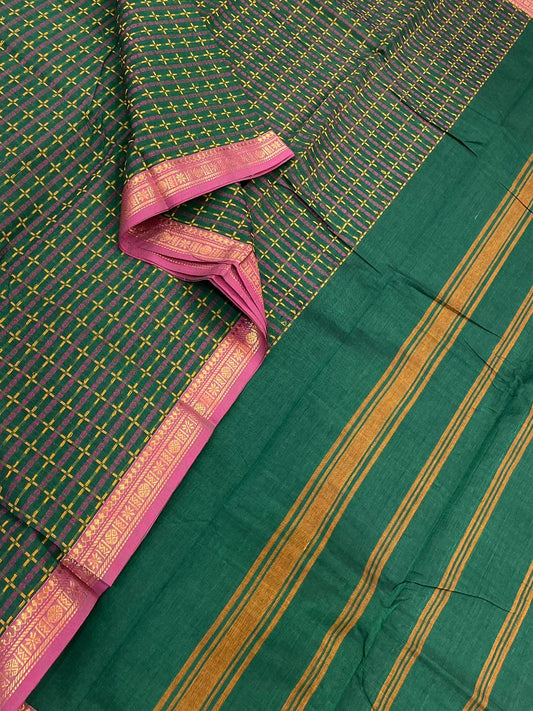 Kanchi soft cotton | green x pink | tiny zari border x plus butta