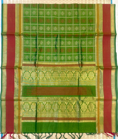 Kanchi Silk Cotton Sarees | 1000 kolam butta  X rich zari pallu X zari rettaipet border | parrot green X 🧡 orange