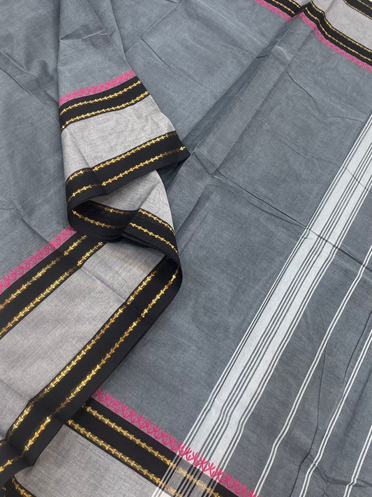Kanchi soft cotton | grey x black |  rettaipet minimal zari border