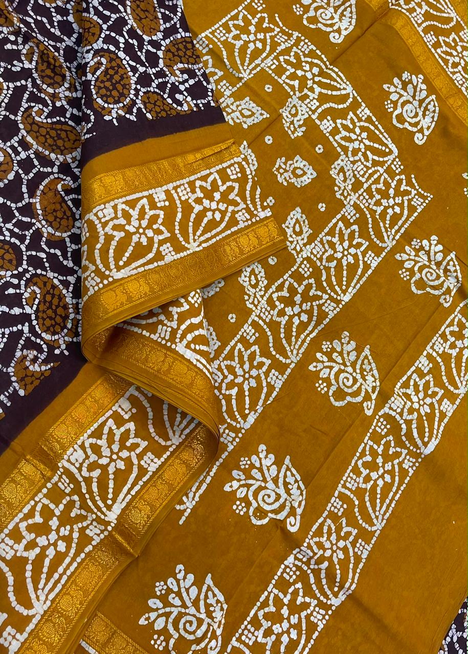 Madurai Sungudi soft cotton | brown x mustard | rettaipet Zari border