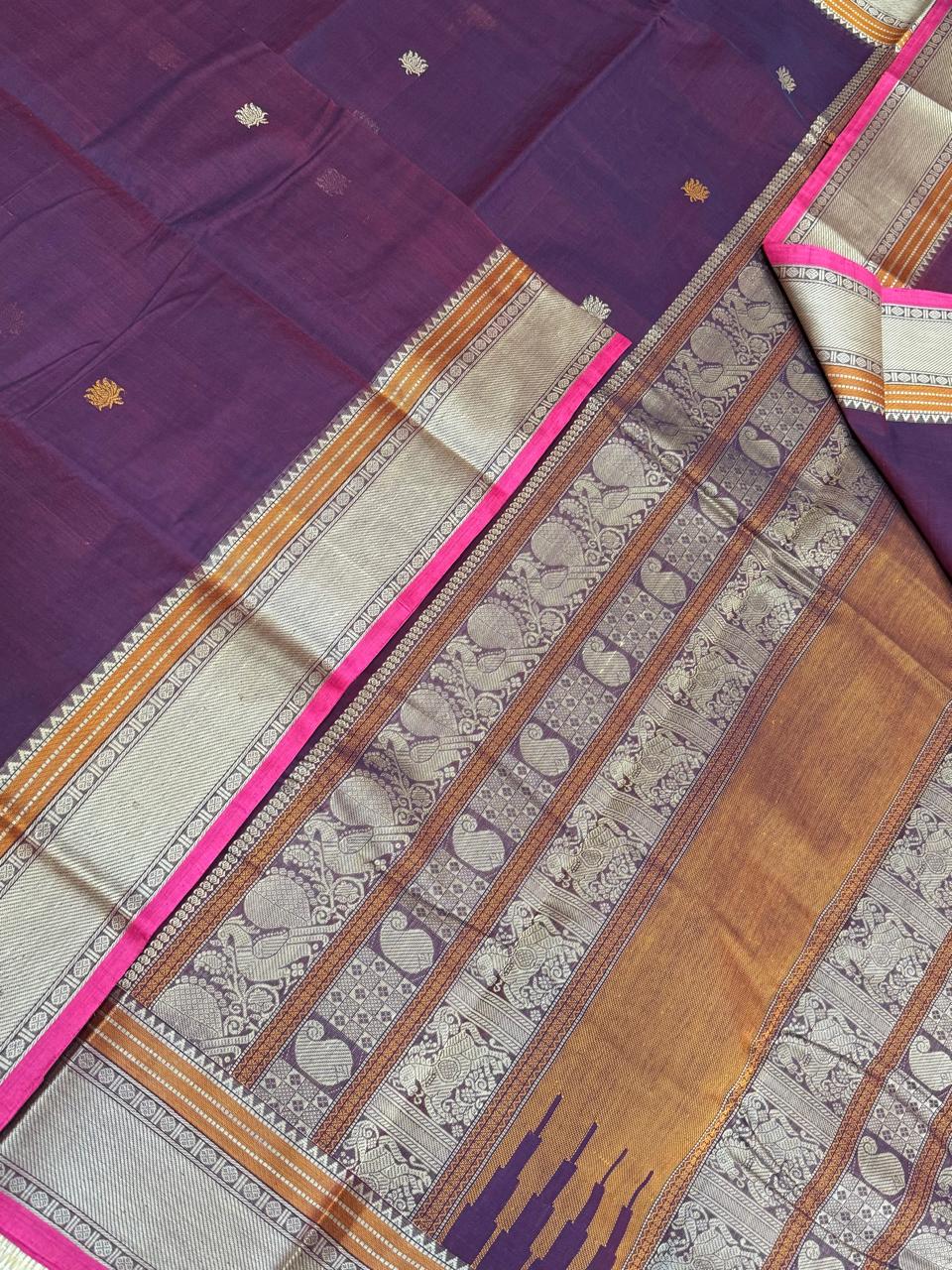 Pure Handloom Kanchi rich Cotton Saree | rich thread border x tiny lotus butta |  burgandy x mustard