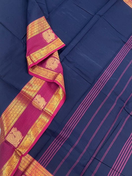 Kanchi soft cotton |mayil butta x Zari  rettaipet border | blue x pink
