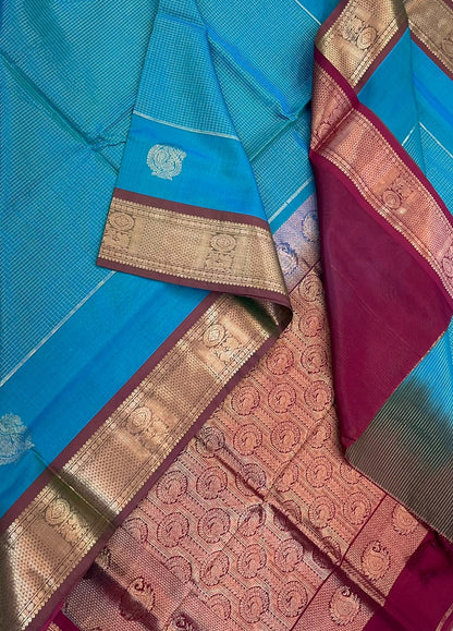Kanchi Silk Cotton Sarees | luxury silk cotton |  muthukattam x mango motif | torquise blue x marron | NKV37