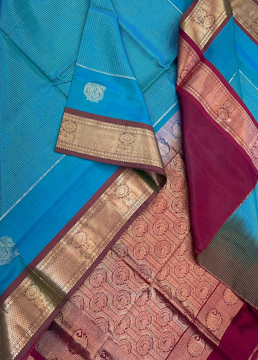 Kanchi Silk Cotton Sarees | luxury silk cotton |  muthukattam x mango motif | torquise blue x marron | NKV37