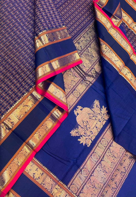 Pure Handloom Kanchi rich Cotton Saree | royal blue x red | 1000 butta lakshadeepam x rettaipet zari border X eruthalapakshi pallu