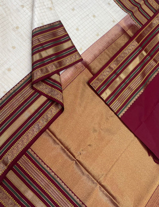 Vegan Silk Sarees Online | white X marron| kattam butta x korvai border