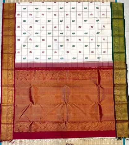 Traditional Kanchipuram Silk Sarees  | ganga jamuna border Zari | kattam  x manga x mayil | white x marron x green | Handwoven luxury x 4 ply master weave | NKV35