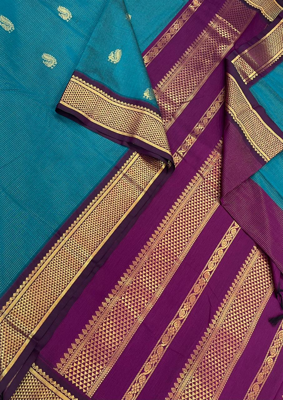 Semi Silk soft Cotton Sarees | vairaoosi X  butta x zari border |cyan blue x violet | NKV11