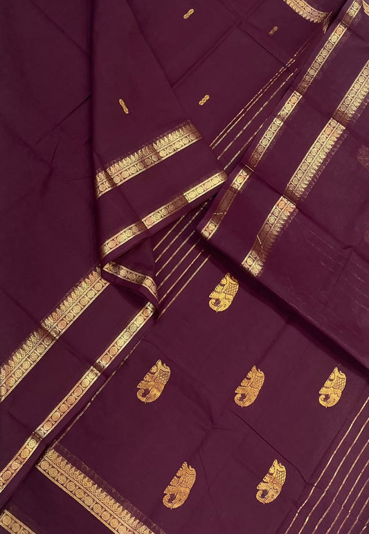 Kanchi soft cotton | gold x burgandy | Zari rettaipet border