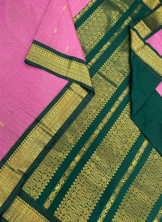 Semi Silk soft Cotton Sarees | vairaoosi X  butta x zari border | rose milk pink x green | NKV11
