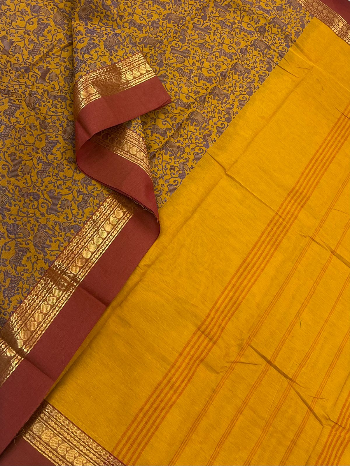 Kanchi soft cotton | manjal X orange  x blue | vanasingaram X Zari border