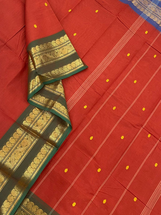 Kanchi soft cotton |rich zari border | red x green