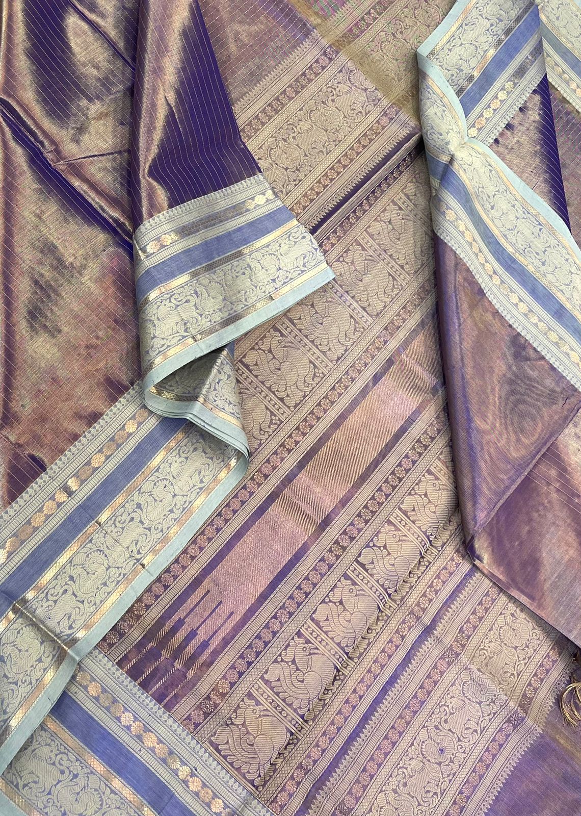 Kanchi tissue Silk Cotton Sarees | rettaipet zari woven border  x tissue body   | lavender 🪻 X blue