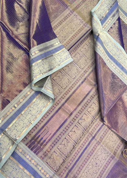 Kanchi tissue Silk Cotton Sarees | rettaipet zari woven border  x tissue body   | lavender 🪻 X blue