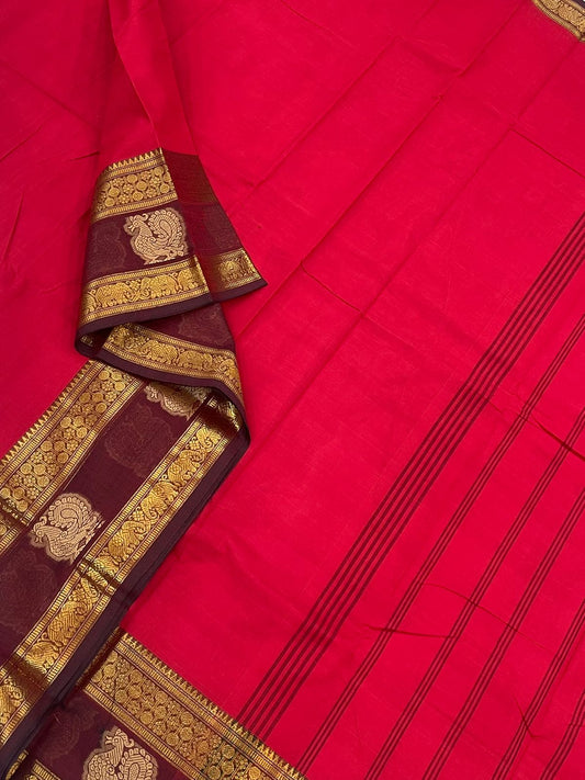 Kanchi soft cotton |mayil butta x Zari  rettaipet border | red X marron