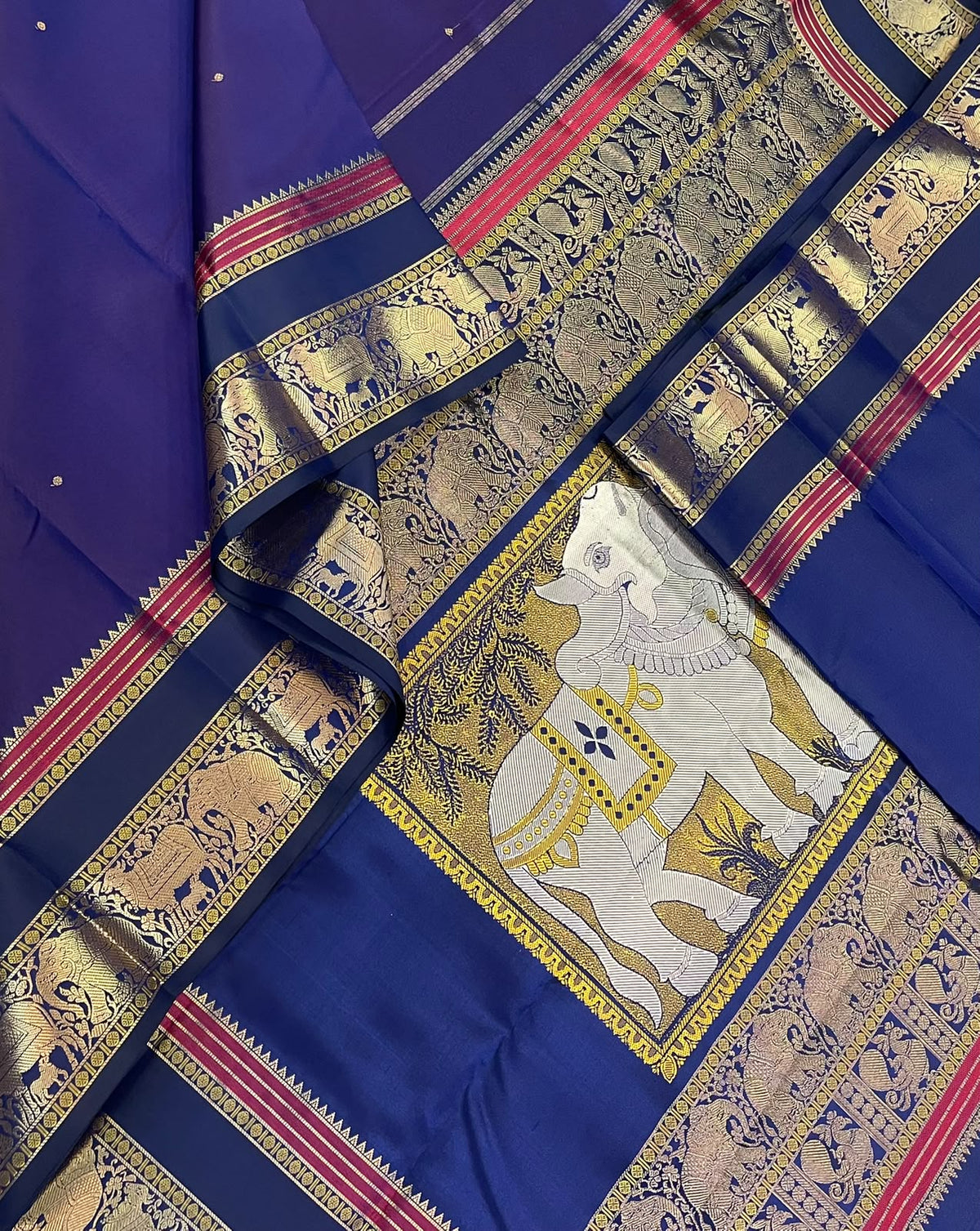 Kanchipuram Silk Sarees | zari border | Rishaba kunjaram| royal blue X red  | Handwoven luxury x 4 ply master weave | NKV35