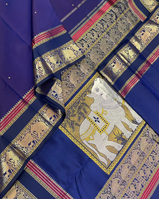 Kanchipuram Silk Sarees | zari border | Rishaba kunjaram| royal blue X red  | Handwoven luxury x 4 ply master weave | NKV35