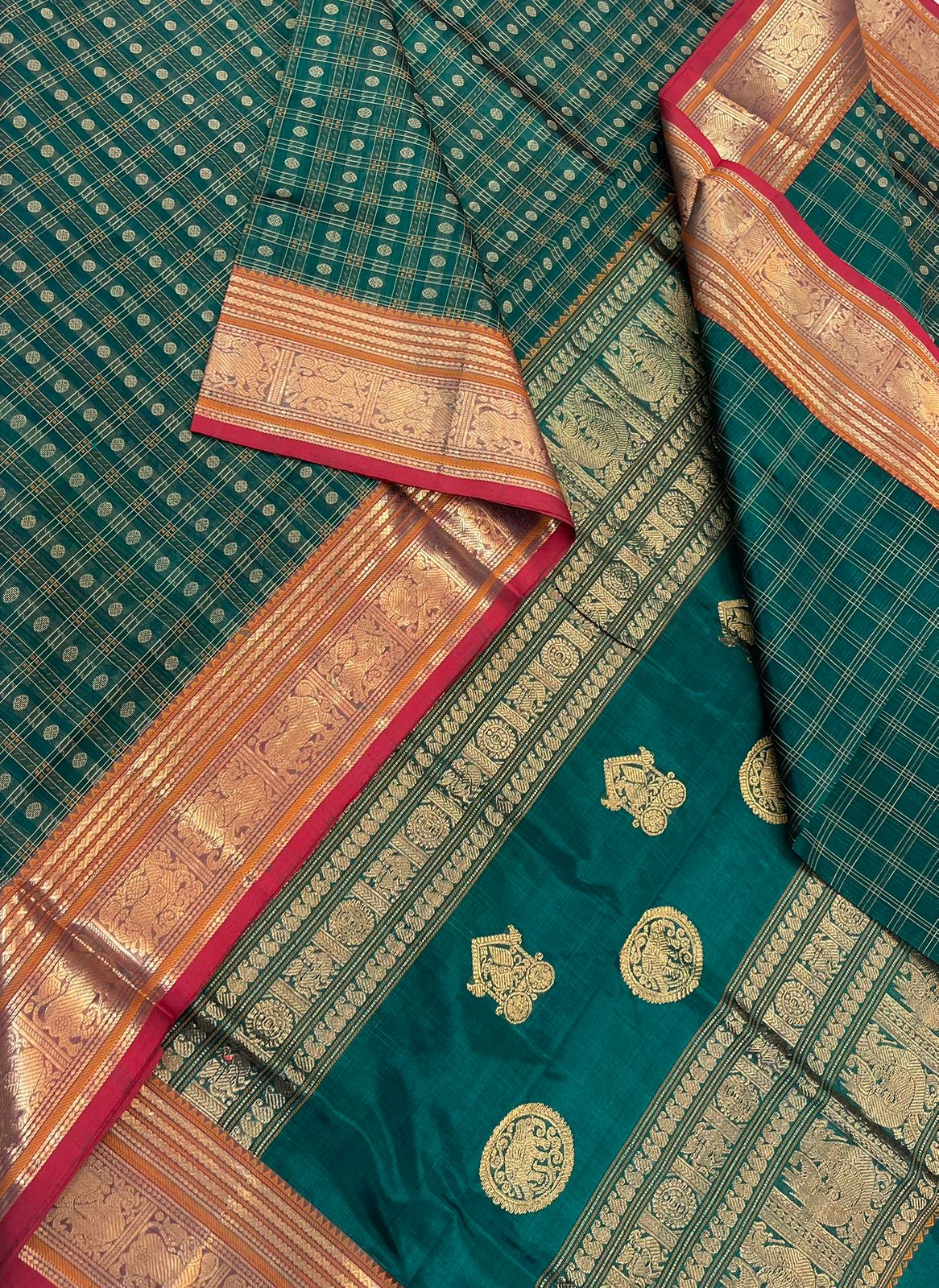 Kanchi Silk Cotton Sarees | 1000 butta X rich zari thaer pallu | green x red