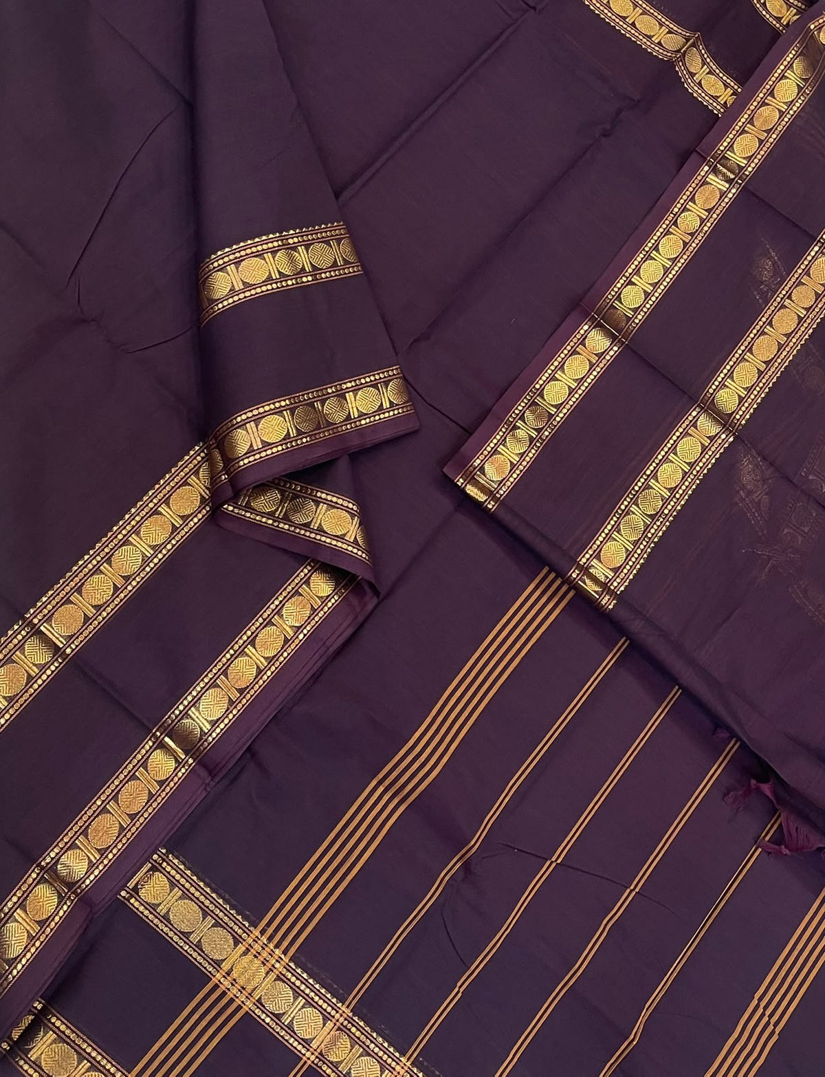 Kanchi mercerised soft cotton | coffee brown arakku x gold | zari rettai rudhraksham border