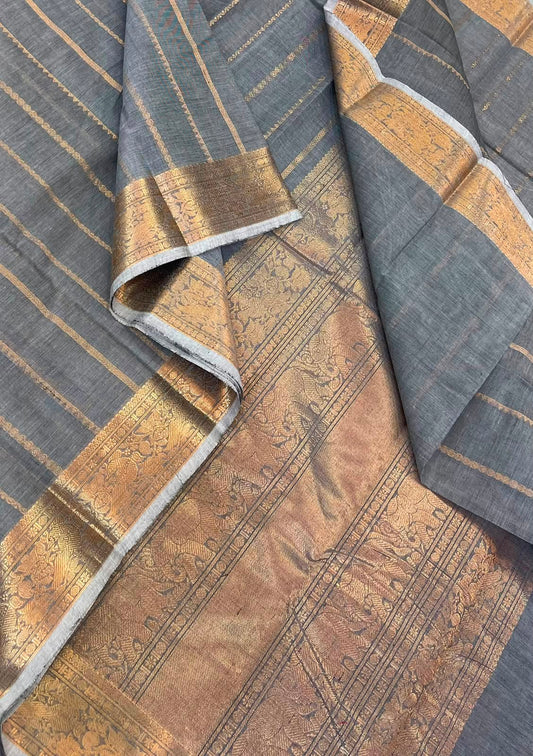 Pure Handloom Kanchi rich Cotton Saree | grey x gold | zari handwoven vertical varisaipet x thick zari border